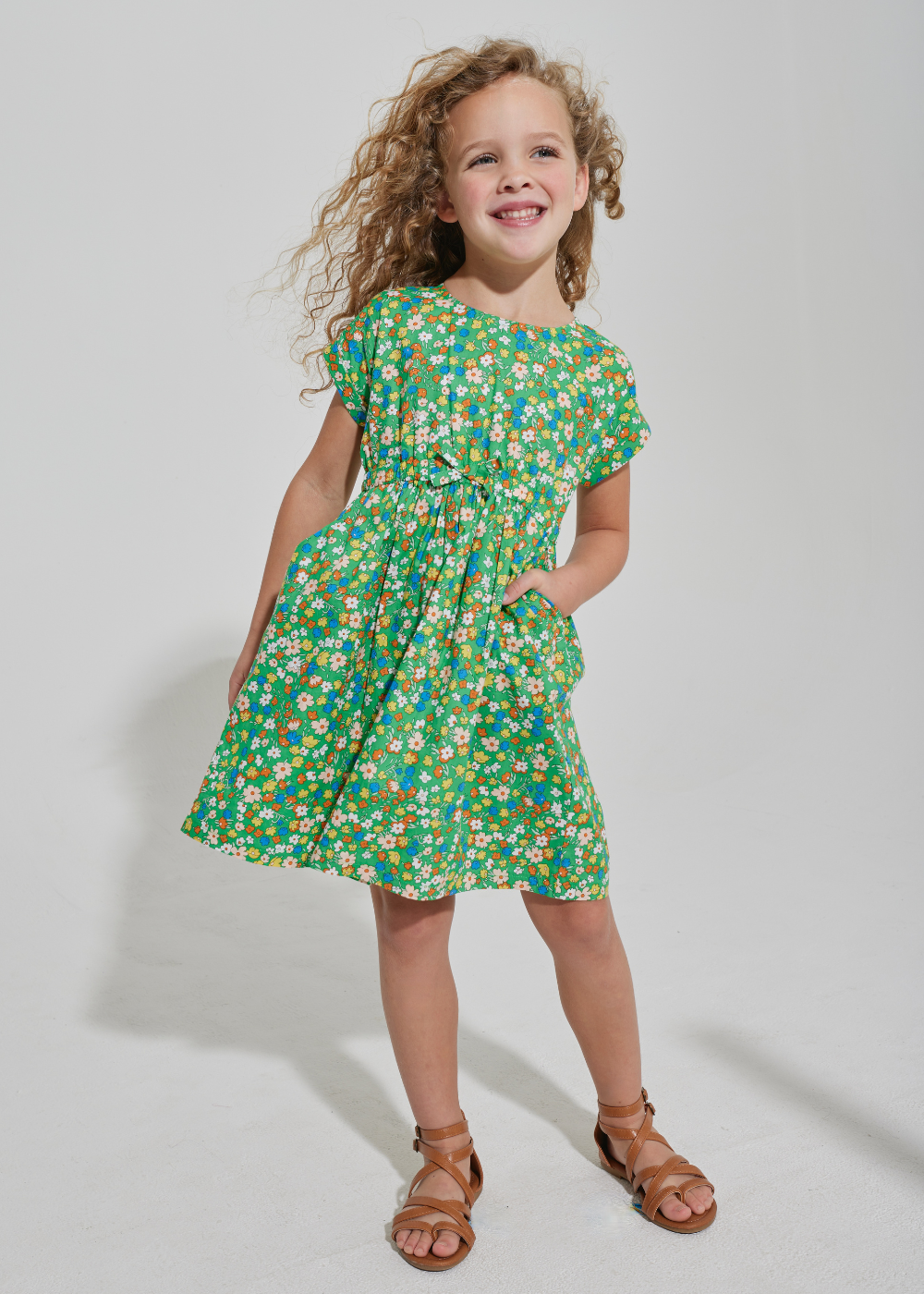 woven Kelly Green floral dress with pockets for girls