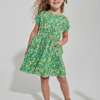 woven Kelly Green floral dress with pockets for girls