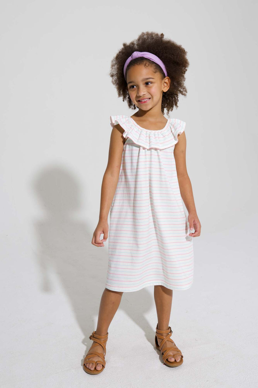 tween girls cotton shift dress with pink and aqua stripes with ruffles neckline 