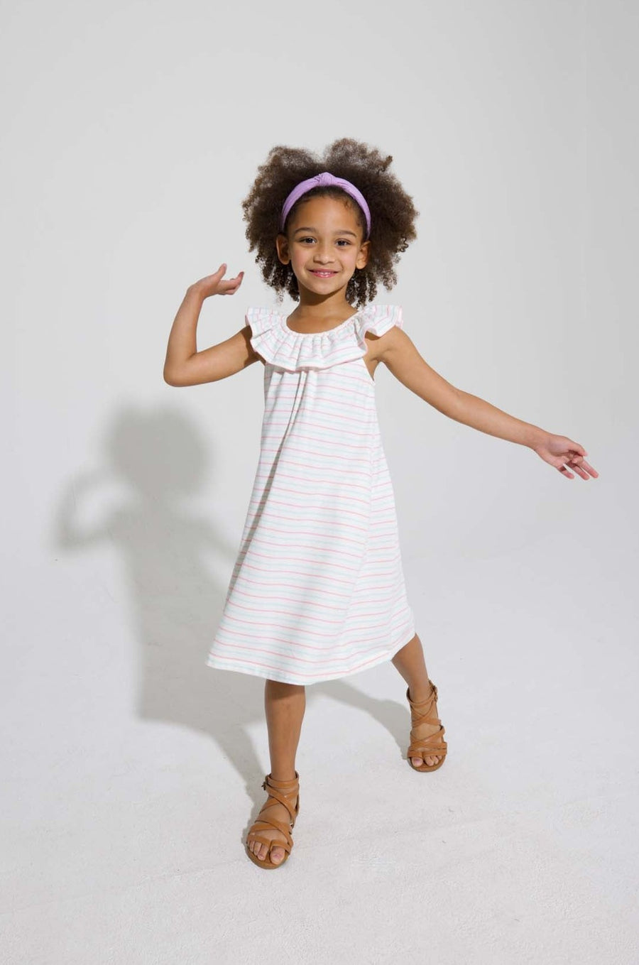 tween girls cotton shift dress with pink and aqua stripes with ruffles neckline 