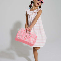 tween girls cotton shift dress in pink and rust stripes with ruffle neckline 