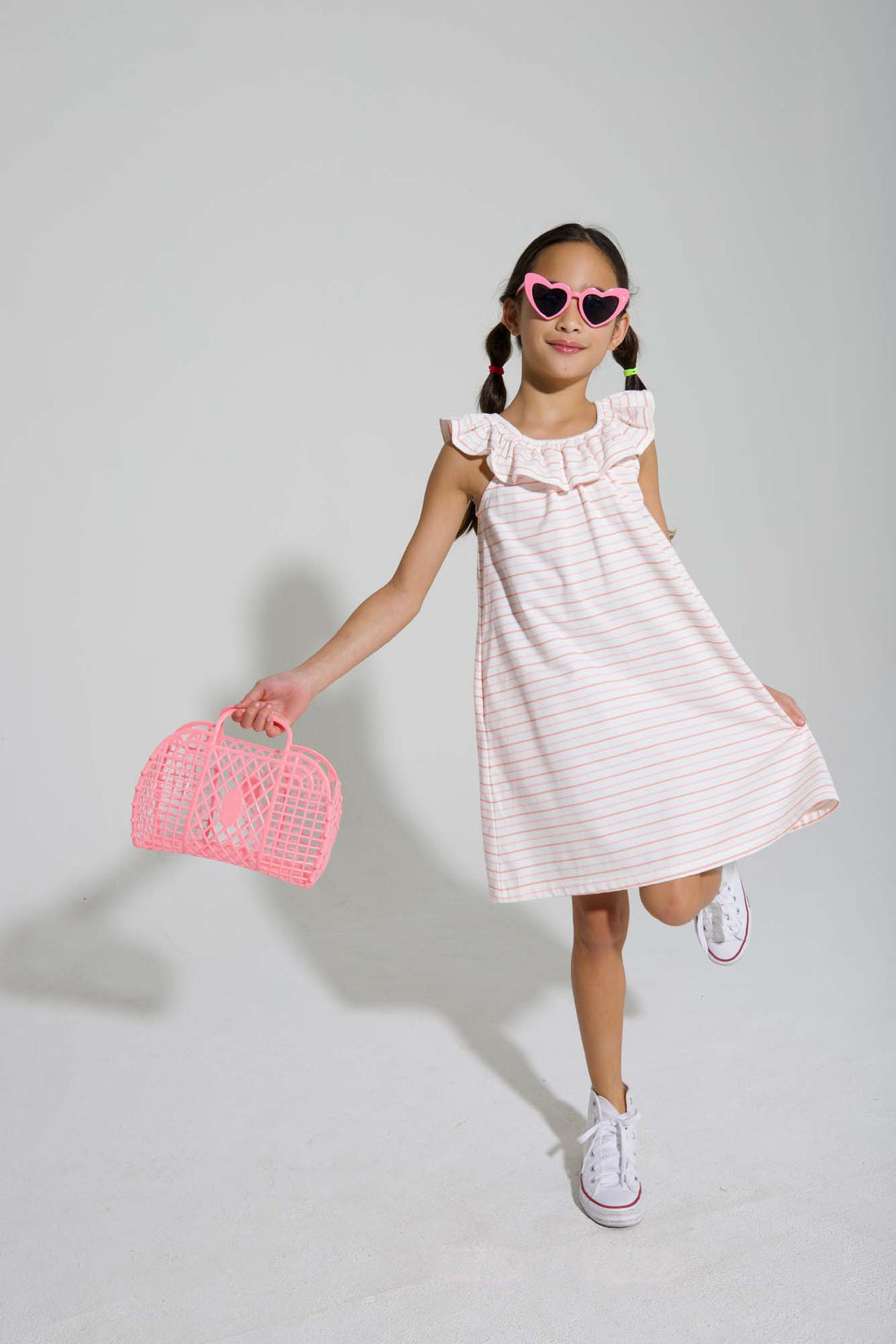 tween girls cotton shift dress in pink and rust stripes with ruffle neckline 