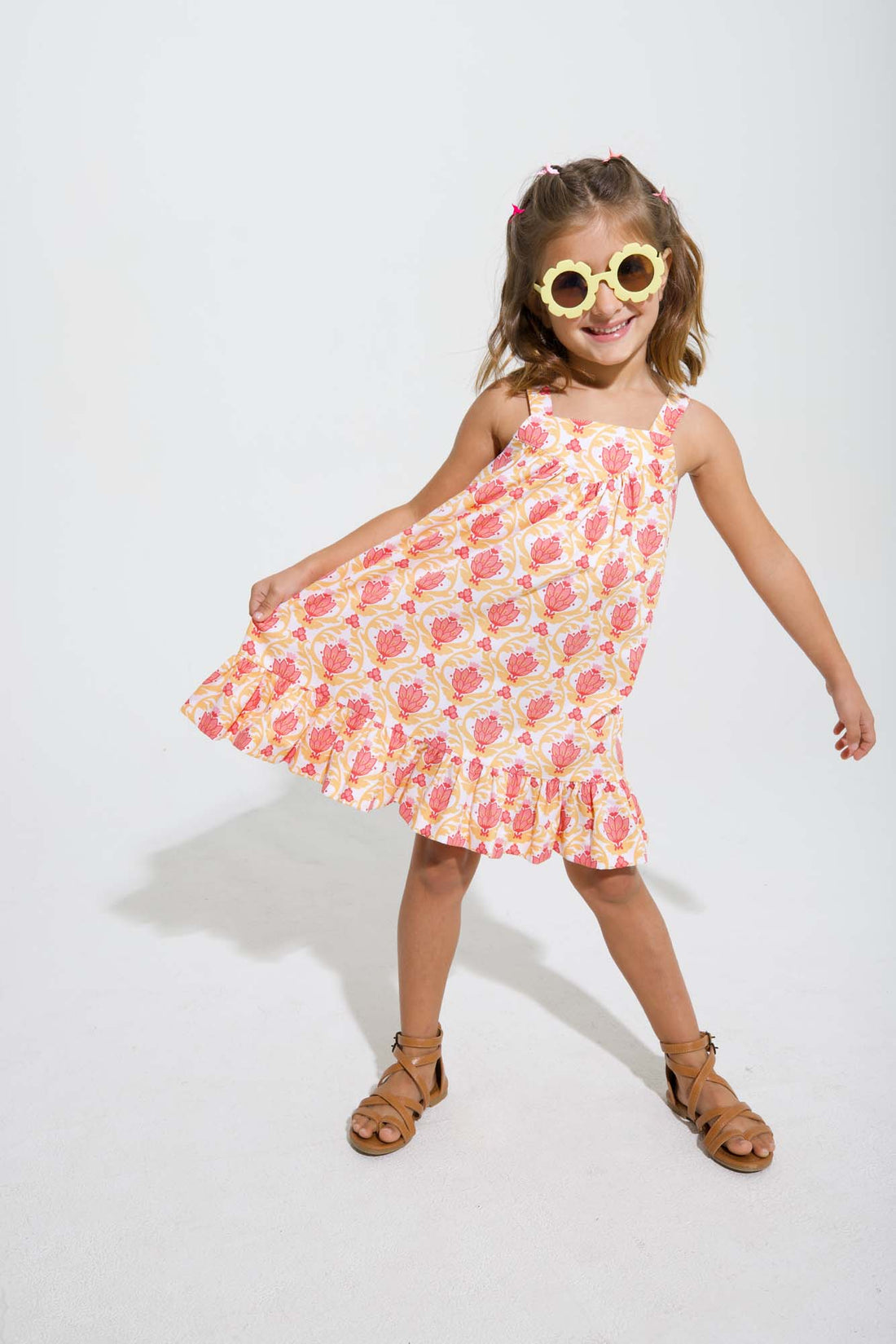 tween girls pink and orange floral dress with ruffle hem