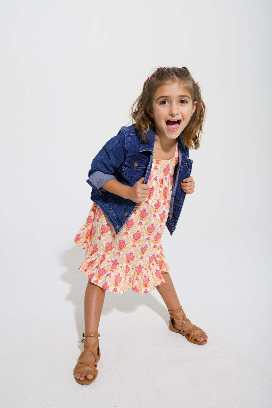 tween girls pink and orange floral dress with ruffle hem