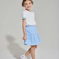 tween girls essential white tee with green and blue ric rac trim on the sleeves
