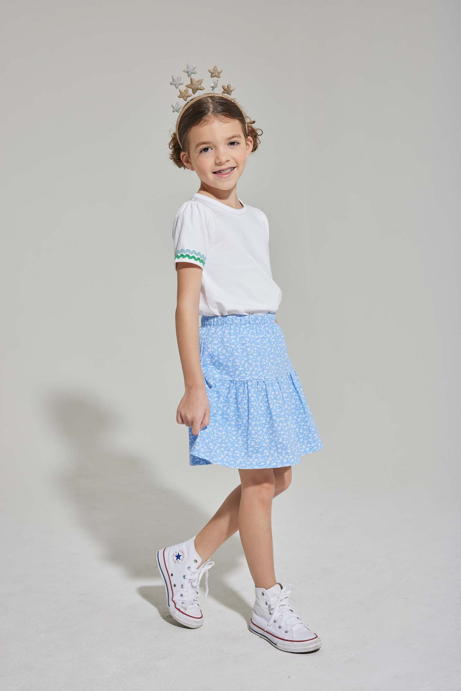 tween girls essential white tee with green and blue ric rac trim on the sleeves